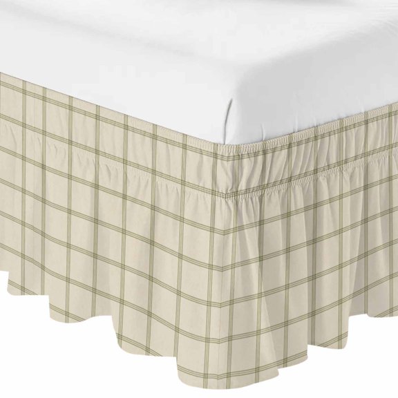 Queen Bed Skirt 16 Inch Drop, Rustic Retro Linen Texture Easy Fit Wrap Around Ruffle Bedding, Country Green Stripe Lattice Bed Skirts with Adjustable Elastic Belt