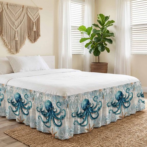 Queen Bed Skirt 16 Inch Drop, Sea Octopus Monster Starfish Shell Easy Fit Wrap Around Ruffle Bedding, Blue Gradient Abstract Flower Bed Skirts with Adjustable Elastic Belt