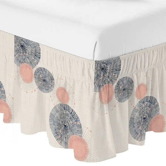 Queen Bed Skirt 16 Inch Drop, Soft Blush Circles Easy Fit Wrap Around Ruffle Bedding, Retro Delicate Line on Linen Bed Skirts with Adjustable Elastic Belt