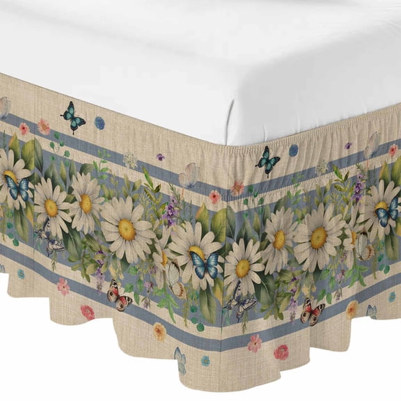 Queen Bed Skirt 16 Inch Drop, Spring Daisy Butterflies on Linen Easy Fit Wrap Around Ruffle Bedding, Farm Flower Blue Stripe Bed Skirts with Adjustable Elastic Belt
