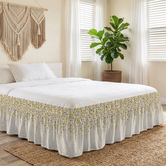 Queen Bed Skirt 16 Inch Drop, Spring Flower Vines Retro Linen Easy Fit Wrap Around Ruffle Bedding, Yellow Fallen Leaves Seamless Bed Skirts with Adjustable Elastic Belt