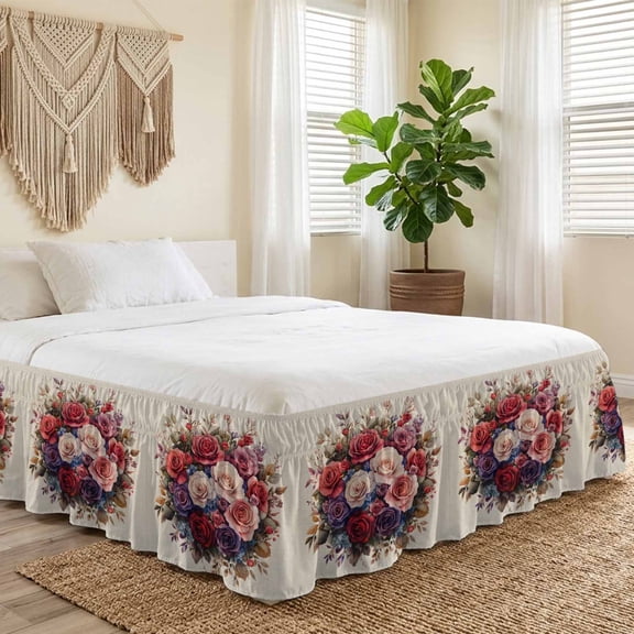 Queen Bed Skirt 16 Inch Drop, Spring Watercolor Flower on Vintage Linen Easy Fit Wrap Around Ruffle Bedding, Colorful Floral Bed Skirts with Adjustable Elastic Belt