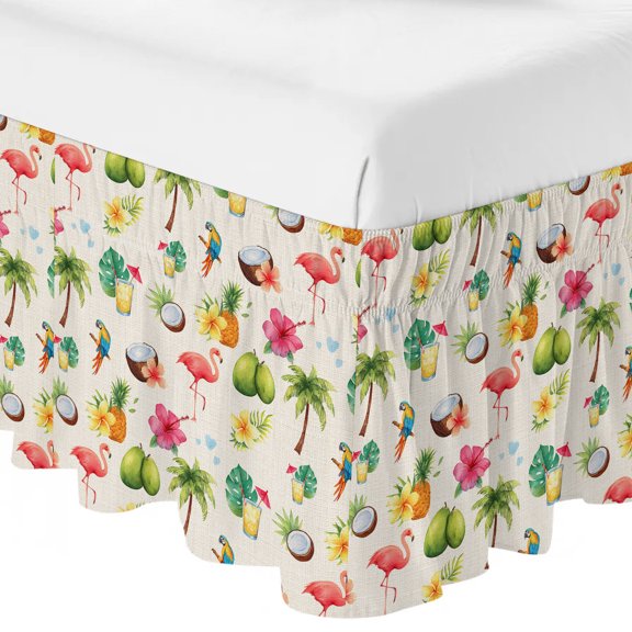 Queen Bed Skirt 16 Inch Drop, Summer Coconut Pineapple Retro Linen Easy Fit Wrap Around Ruffle Bedding, Tropical Flamingo Flower Bed Skirts with Adjustable Elastic Belt