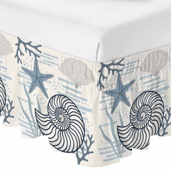 Queen Bed Skirt 16 Inch Drop, Summer Conch Starfish Shell Coral Easy Fit Wrap Around Ruffle Bedding, Coastal Marine Creature Bed Skirts with Adjustable Elastic Belt