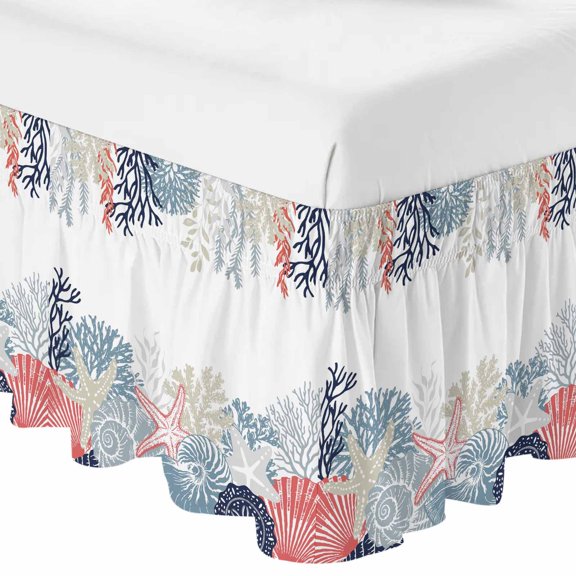 Queen Bed Skirt 16 Inch Drop, Summer Ocean Conch Coral Shell Easy Fit Wrap Around Ruffle Bedding, Coastal Starfish Seagrass Bed Skirts with Adjustable Elastic Belt