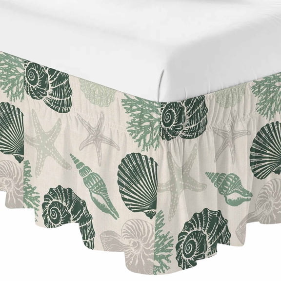 Queen Bed Skirt 16 Inch Drop, Summer Ocean Conch Shell Coral Easy Fit Wrap Around Ruffle Bedding, Abstract Starfish Retro Linen Bed Skirts with Adjustable Elastic Belt