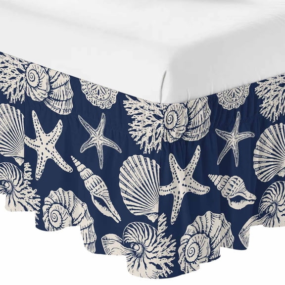Queen Bed Skirt 16 Inch Drop, Summer Ocean Conch Shell Easy Fit Wrap Around Ruffle Bedding, Coastal Starfish Navy Blue Bed Skirts with Adjustable Elastic Belt