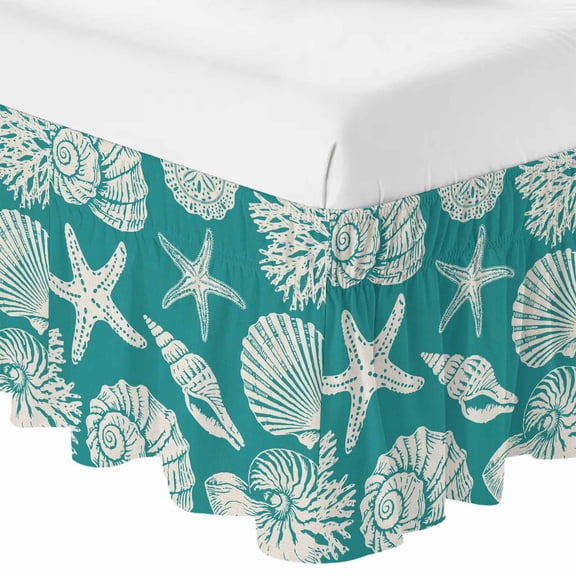 Queen Bed Skirt 16 Inch Drop, Summer Ocean Conch Shell Easy Fit Wrap Around Ruffle Bedding, Coastal Starfish Turquoise Bed Skirts with Adjustable Elastic Belt