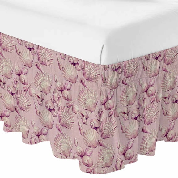 Queen Bed Skirt 16 Inch Drop, Summer Ocean Conch Shell Easy Fit Wrap Around Ruffle Bedding, Pink Marine Creature Linen Texture Bed Skirts with Adjustable Elastic Belt
