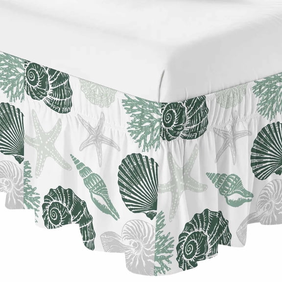 Queen Bed Skirt 16 Inch Drop, Summer Ocean Green Conch Shell Easy Fit Wrap Around Ruffle Bedding, Abstract Starfish Coral Bed Skirts with Adjustable Elastic Belt