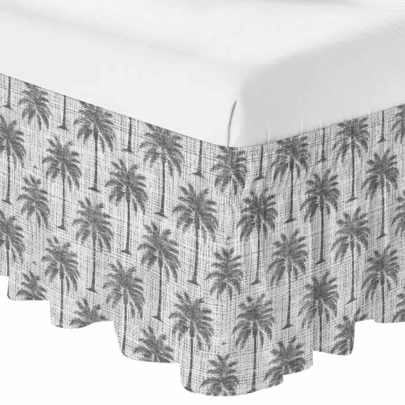 Queen Bed Skirt 16 Inch Drop, Summer Palm Tree Retro Linen Easy Fit Wrap Around Ruffle Bedding, Tropical Gray Botanical Bed Skirts with Adjustable Elastic Belt