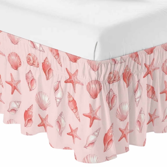 Queen Bed Skirt 16 Inch Drop, Summer Pink Conch Shell Starfish Easy Fit Wrap Around Ruffle Bedding, Coastal Ocean Creature Bed Skirts with Adjustable Elastic Belt