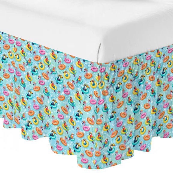 Queen Bed Skirt 16 Inch Drop, Summer Pool Float Swim Rings Easy Fit Wrap Around Ruffle Bedding, Tropical Flamingo Birds Bed Skirts with Adjustable Elastic Belt
