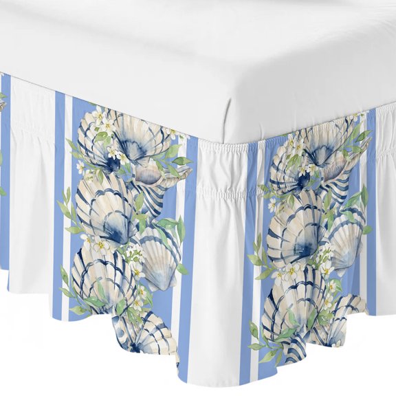 Queen Bed Skirt 16 Inch Drop, Summer Sea Conch Shells Easy Fit Wrap Around Ruffle Bedding, Blue White Striped Background Bed Skirts with Adjustable Elastic Belt