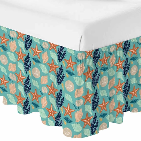 Queen Bed Skirt 16 Inch Drop, Summer Sea Starfish Conch Shell Easy Fit Wrap Around Ruffle Bedding, Coastal Ocean Creature Bed Skirts with Adjustable Elastic Belt