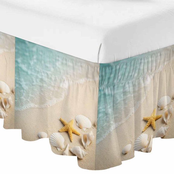 Queen Bed Skirt 16 Inch Drop, Summer Seaside Shell Conch Starfish Easy Fit Wrap Around Ruffle Bedding, Coastal Ocean Wave Bed Skirts with Adjustable Elastic Belt