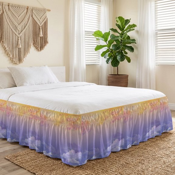 Queen Bed Skirt 16 Inch Drop, Summer Sky Sunset Pink Gradient Clouds Easy Fit Wrap Around Ruffle Bedding, Romantic Purple Cloud Bed Skirts with Adjustable Elastic Belt