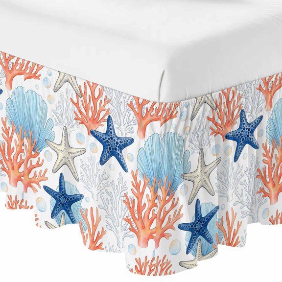 Queen Bed Skirt 16 Inch Drop, Summer Starfish Coral Shell Bubble Easy Fit Wrap Around Ruffle Bedding, Underwater Marine Creature Bed Skirts with Adjustable Elastic Belt