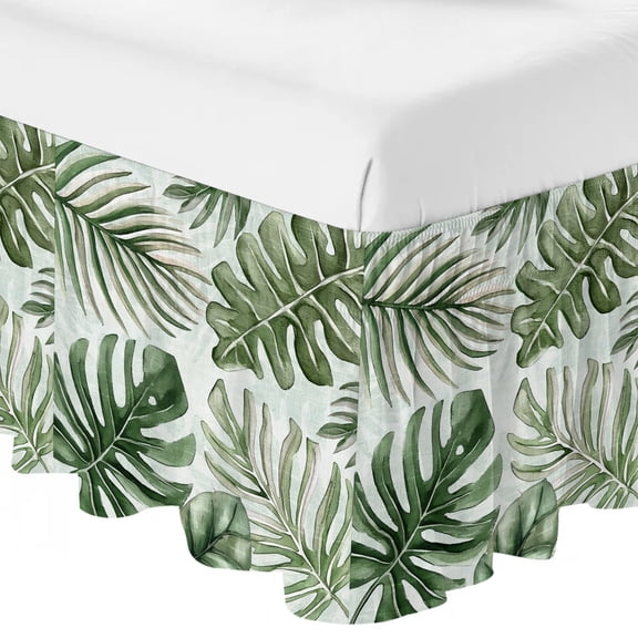 Queen Bed Skirt 16 Inch Drop, Summer Tropical Sun-kissed Foliage Easy Fit Wrap Around Ruffle Bedding, Palm Leaves Bed Skirts with Adjustable Elastic Belt