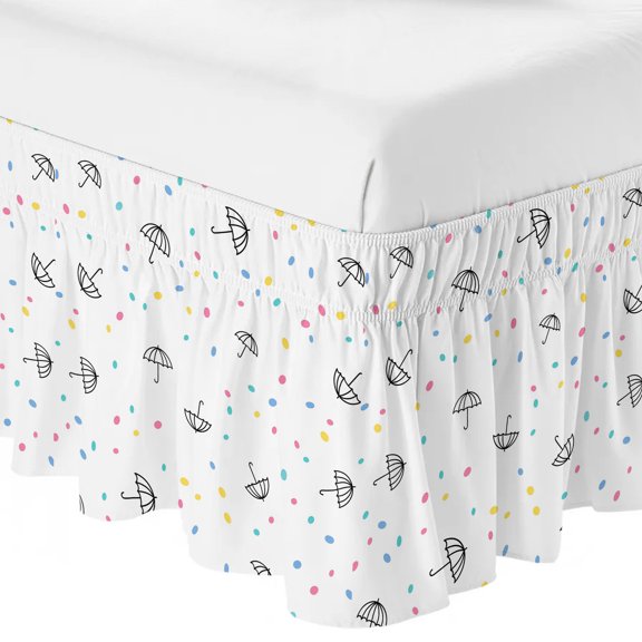 Queen Bed Skirt 16 Inch Drop, Summer Umbrella Sketch Polka Dot Easy Fit Wrap Around Ruffle Bedding, Funny Colorful Dotted Rain Bed Skirts with Adjustable Elastic Belt