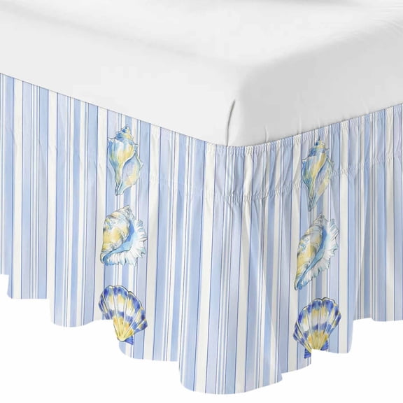 Queen Bed Skirt 16 Inch Drop, Summer Watercolor Conch Shell Easy Fit Wrap Around Ruffle Bedding, Marine Ocean Life Blue Stripe Bed Skirts with Adjustable Elastic Belt