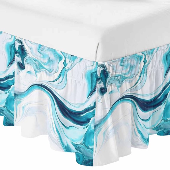 Queen Bed Skirt 16 Inch Drop, Swirls Flowing Aquamarine Artwork Easy Fit Wrap Around Ruffle Bedding, Abstract Gradient Line Waves Bed Skirts with Adjustable Elastic Belt