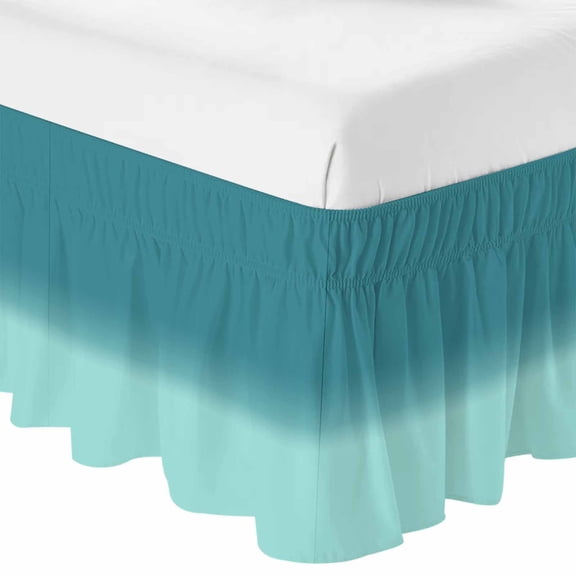 Queen Bed Skirt 16 Inch Drop, Teal Gradient Watercolor Easy Fit Wrap Around Ruffle Bedding, Turquoise Shadow Bed Skirts with Adjustable Elastic Belt