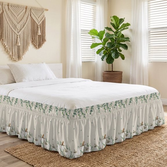 Queen Bed Skirt 16 Inch Drop, Thanksgiving Fall Pumpkin on Linen Easy Fit Wrap Around Ruffle Bedding, Green Eucalyptus Leaves Bed Skirts with Adjustable Elastic Belt
