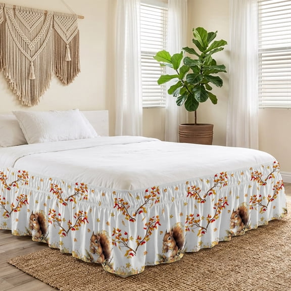 Queen Bed Skirt 16 Inch Drop, Thanksgiving Harvest Squirrel Animal Easy Fit Wrap Around Ruffle Bedding, Fall Maple Leaves on White Bed Skirts with Adjustable Elastic Belt