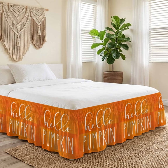 Queen Bed Skirt 16 Inch Drop, Thanksgiving Hello Pumpkin Quote Easy Fit Wrap Around Ruffle Bedding, Fall White Word on Orange Bed Skirts with Adjustable Elastic Belt