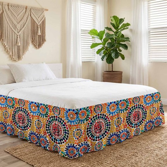 Queen Bed Skirt 16 Inch Drop, Traditional Colourful Moroccan Wall Tile Mosaic Back Easy Fit Wrap Around Ruffle Bedding, Bohemian Style Bed Skirts with Adjustable Elastic Belt