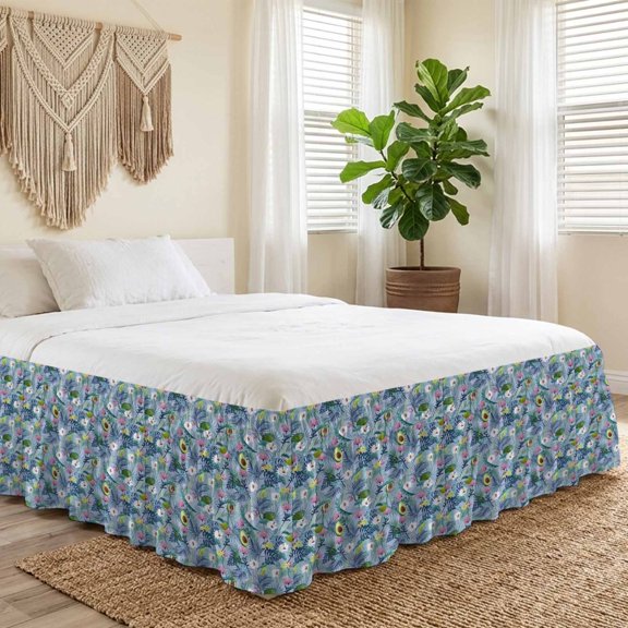 Queen Bed Skirt 16 Inch Drop, Tropical Avocado Fruit and Flower Easy Fit Wrap Around Ruffle Bedding, Watercolor Botanical Leaves Bed Skirts with Adjustable Elastic Belt