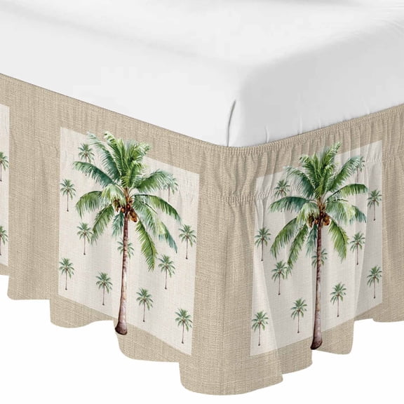 Queen Bed Skirt 16 Inch Drop, Tropical Coconut Tree on Beige Linen Easy Fit Wrap Around Ruffle Bedding, Summer Plant Theme Bed Skirts with Adjustable Elastic Belt