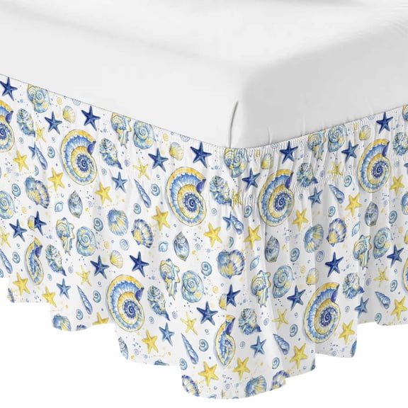 Queen Bed Skirt 16 Inch Drop, Underwater Blue Yellow Starfish Conch Easy Fit Wrap Around Ruffle Bedding, Coastal Bubbles Bed Skirts with Adjustable Elastic Belt