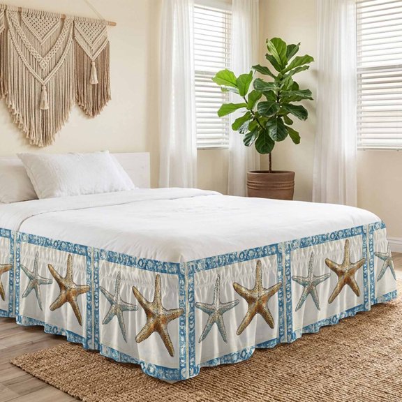 Queen Bed Skirt 16 Inch Drop, Vintage Abstract Ocean Starfish Easy Fit Wrap Around Ruffle Bedding, Gradient Blue Border Bed Skirts with Adjustable Elastic Belt