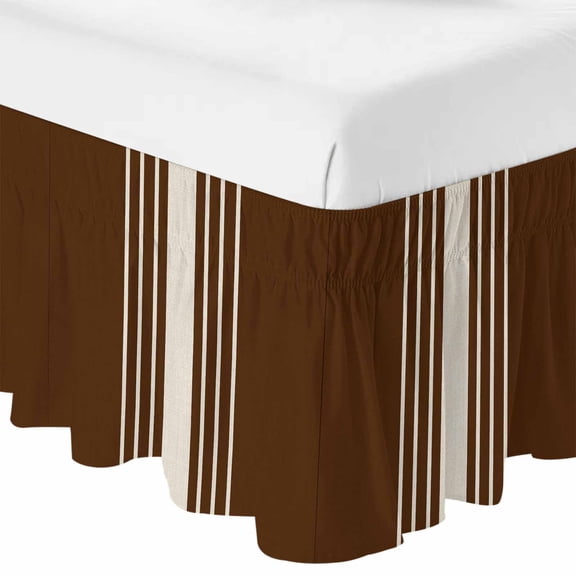 Queen Bed Skirt 16 Inch Drop, Vintage Brown Striped Linen Easy Fit Wrap Around Ruffle Bedding, Geometric Modern Art Bed Skirts with Adjustable Elastic Belt