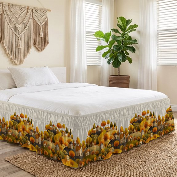Queen Bed Skirt 16 Inch Drop, Vintage Cartoon Hills House Easy Fit Wrap Around Ruffle Bedding, Autumn Trees on Linen Bed Skirts with Adjustable Elastic Belt