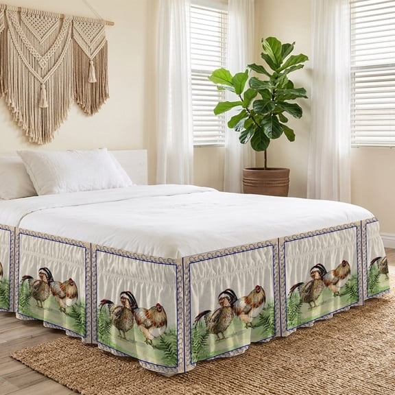 Queen Bed Skirt 16 Inch Drop, Vintage Farm Hens Chicken Easy Fit Wrap Around Ruffle Bedding, Green Grass Retro Ethnic Border Bed Skirts with Adjustable Elastic Belt