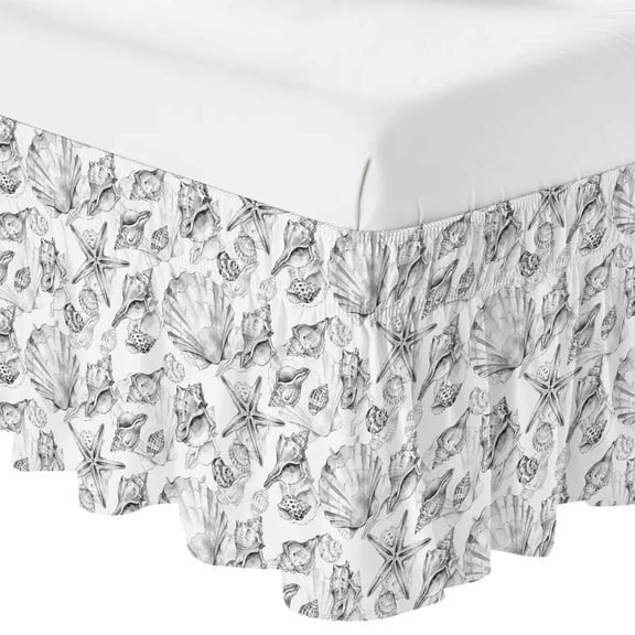 Queen Bed Skirt 16 Inch Drop, Vintage Gray Starfish Conch Shells Easy Fit Wrap Around Ruffle Bedding, Abstract Marine Life Bed Skirts with Adjustable Elastic Belt