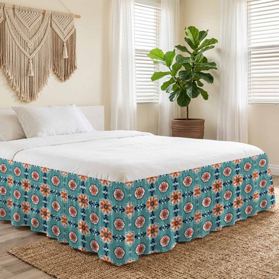 Queen Bed Skirt 16 Inch Drop, Watercolor Abstract Orange Flower Tile Easy Fit Wrap Around Ruffle Bedding, Overlay Pattern Bed Skirts with Adjustable Elastic Belt
