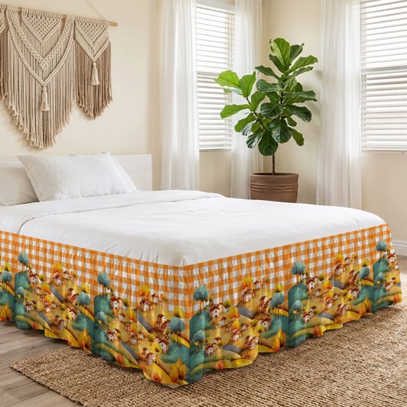Queen Bed Skirt 16 Inch Drop, Watercolor Autumn Farm House Easy Fit Wrap Around Ruffle Bedding, Thanksgiving Orange Plaid Bed Skirts with Adjustable Elastic Belt