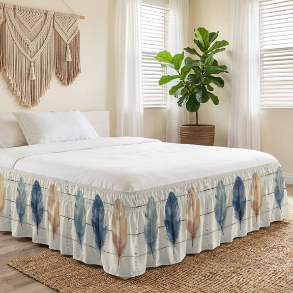 Queen Bed Skirt 16 Inch Drop, Watercolor Feather Farm Wood Grain Easy Fit Wrap Around Ruffle Bedding, Rustic Beige Wooden Plank Bed Skirts with Adjustable Elastic Belt