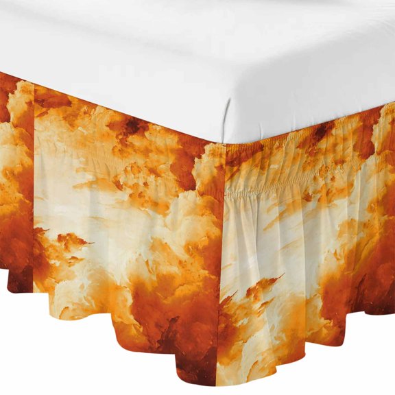 Queen Bed Skirt 16 Inch Drop, Watercolor Gradient Orange Clouds Easy Fit Wrap Around Ruffle Bedding, Abstract Ombre Art Bed Skirts with Adjustable Elastic Belt