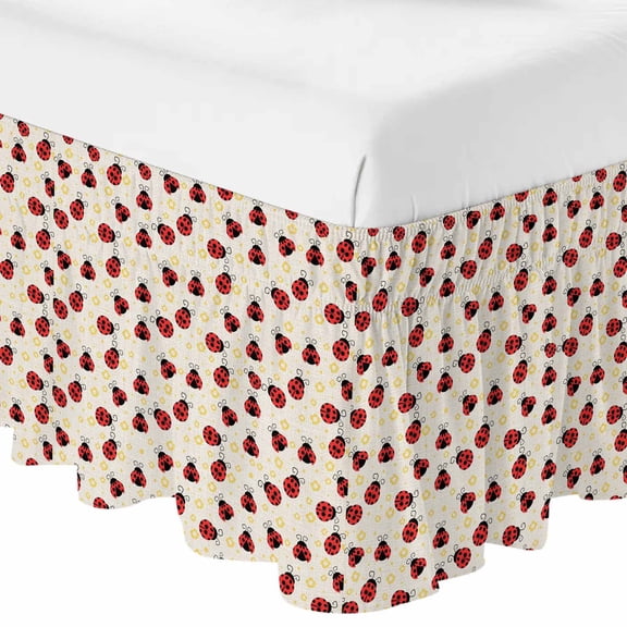 Queen Bed Skirt 16 Inch Drop, Watercolor Ladybug on Burlap Easy Fit Wrap Around Ruffle Bedding, Spring Daisy Flower Insects Bed Skirts with Adjustable Elastic Belt