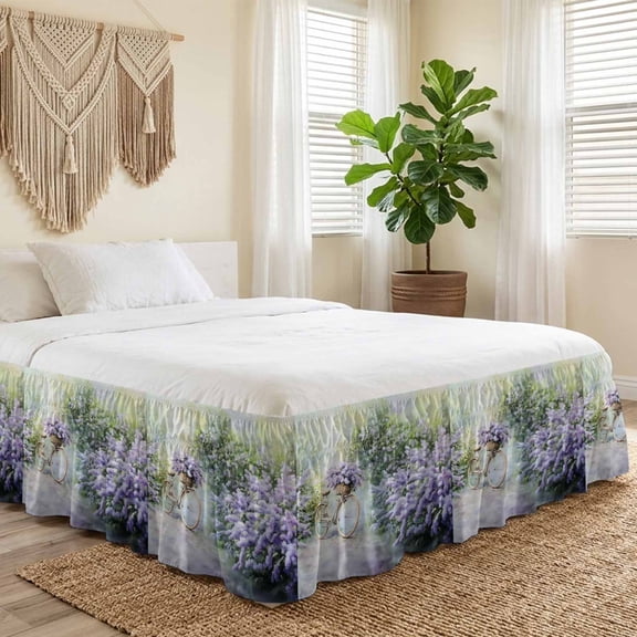 Queen Bed Skirt 16 Inch Drop, Watercolor Lavender Bicycle Easy Fit Wrap Around Ruffle Bedding, Vintage Pastoral Blossom Floral Bed Skirts with Adjustable Elastic Belt