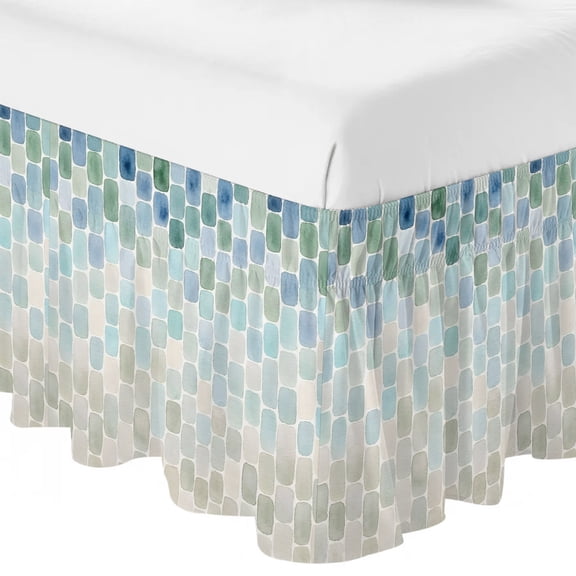 Queen Bed Skirt 16 Inch Drop, Watercolor Mosaic Tiles Pattern Easy Fit Wrap Around Ruffle Bedding, Color Gradients Bed Skirts with Adjustable Elastic Belt
