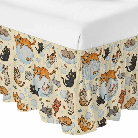 Queen Bed Skirt 16 Inch Drop, Watercolor Pets Fish Bubbles Easy Fit Wrap Around Ruffle Bedding, Brown Background Bed Skirts with Adjustable Elastic Belt