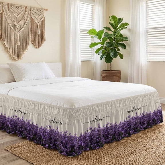 Queen Bed Skirt 16 Inch Drop, Watercolor Purple Lavender Flower on Linen Easy Fit Wrap Around Ruffle Bedding, Spring Botanical Bed Skirts with Adjustable Elastic Belt
