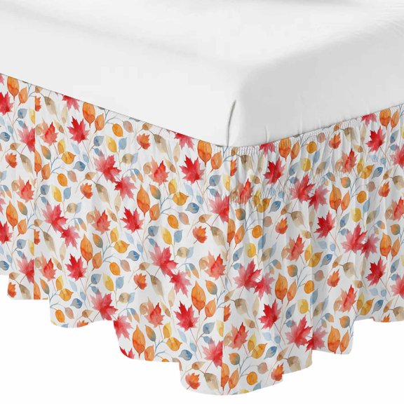 Queen Bed Skirt 16 Inch Drop, Watercolor Red Maple Leaves Easy Fit Wrap Around Ruffle Bedding, Country Leaf Art Bed Skirts with Adjustable Elastic Belt