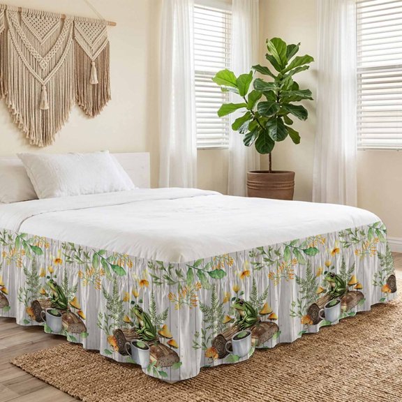 Queen Bed Skirt 16 Inch Drop, Watercolor Rustic Frog Leaves Plant Easy Fit Wrap Around Ruffle Bedding, Coffee Mushroom on Wooden Bed Skirts with Adjustable Elastic Belt